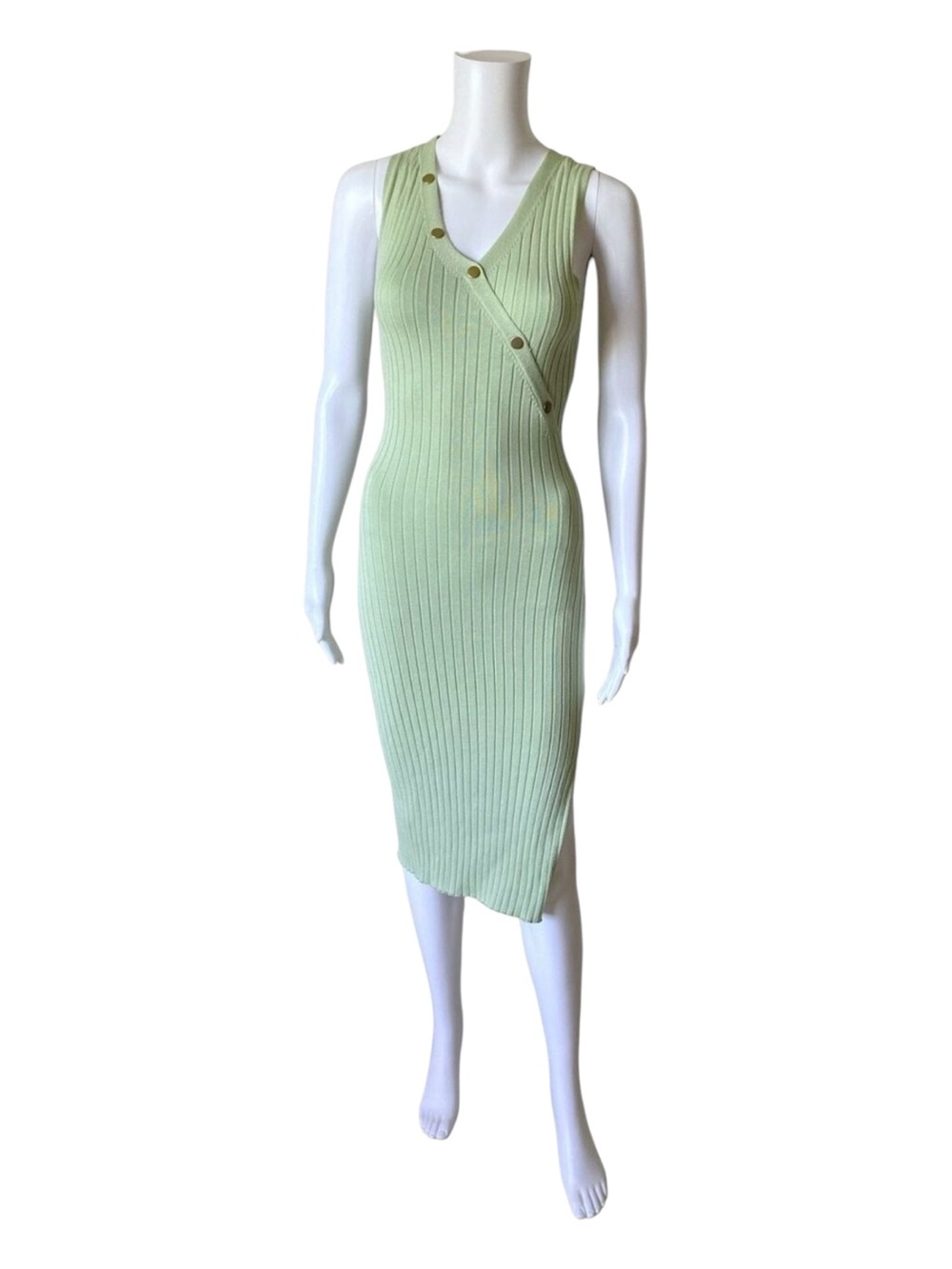 Jolie & Joy Dress Womens M Green Rib Knit Sleeveless Button Detail Side Slit